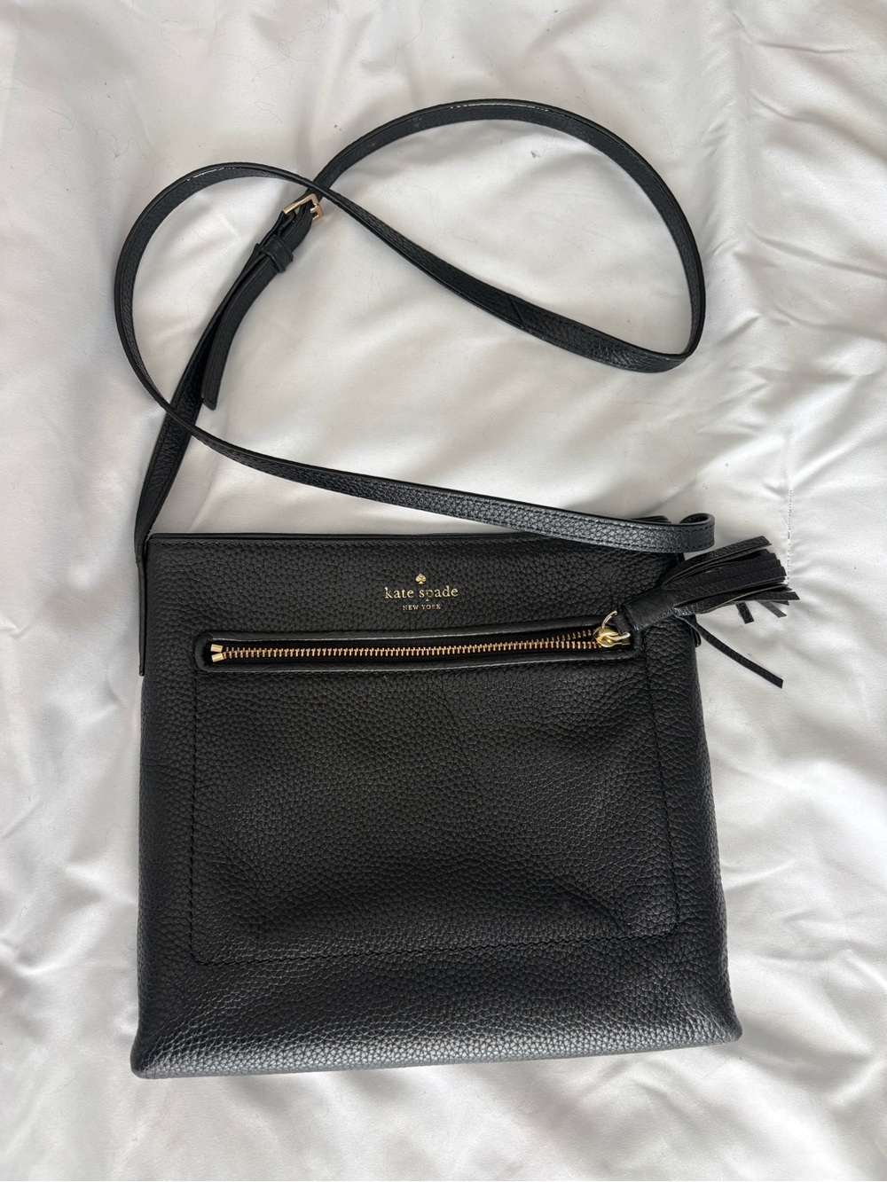 kate spade Black Pebbled Leather Crossbody with Front Zip and Tassel